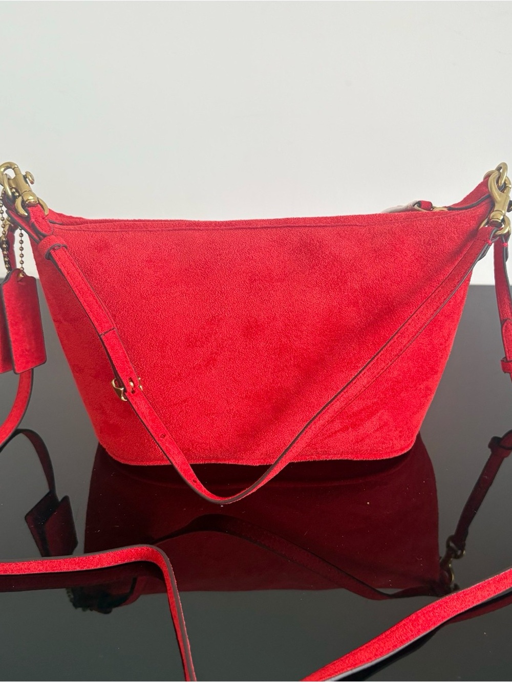 Coach Red Suede Hobo Shoulder Bag with Gold Hardware